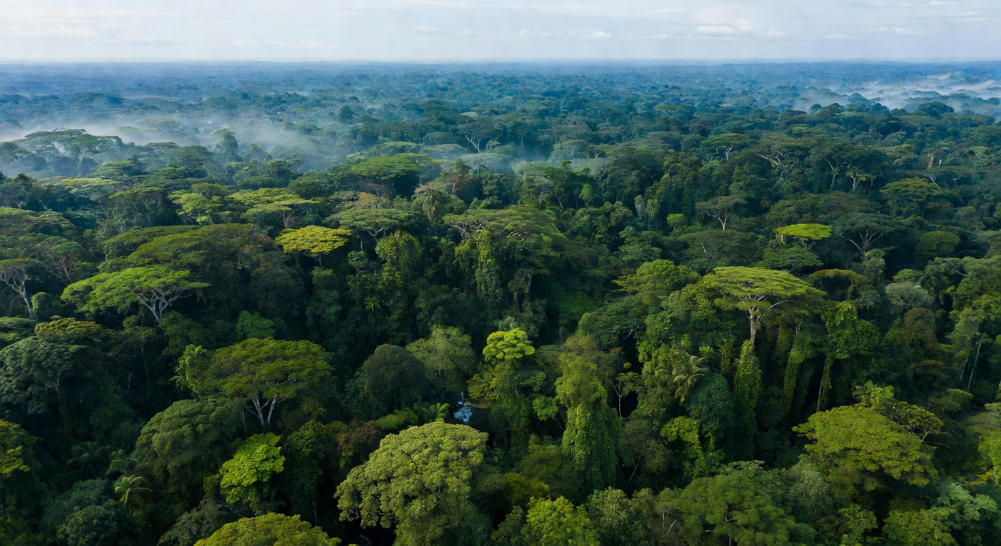 Aerial view of vast ancient rainforest canopy stretching to the horizon representing the expansive world vision of Pixoswiftrc