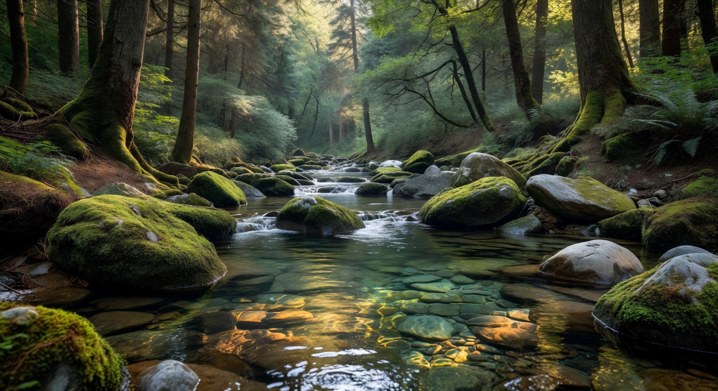 Calm forest stream flowing over mossy rocks representing the clear and transparent terms and legal framework of Pixoswiftrc