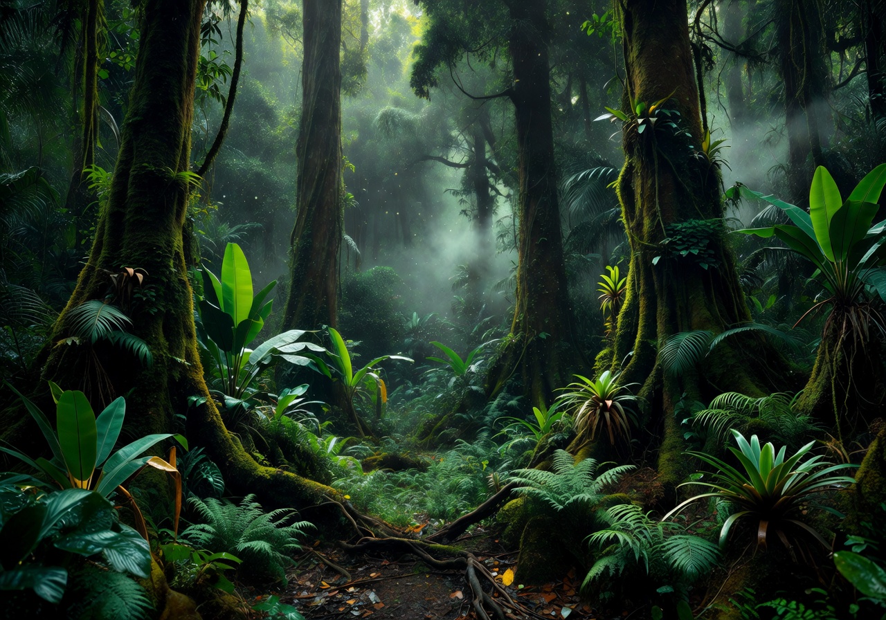 Dense tropical rainforest with tall trees and green undergrowth representing the Rainforest Depths game world in Pixoswiftrc