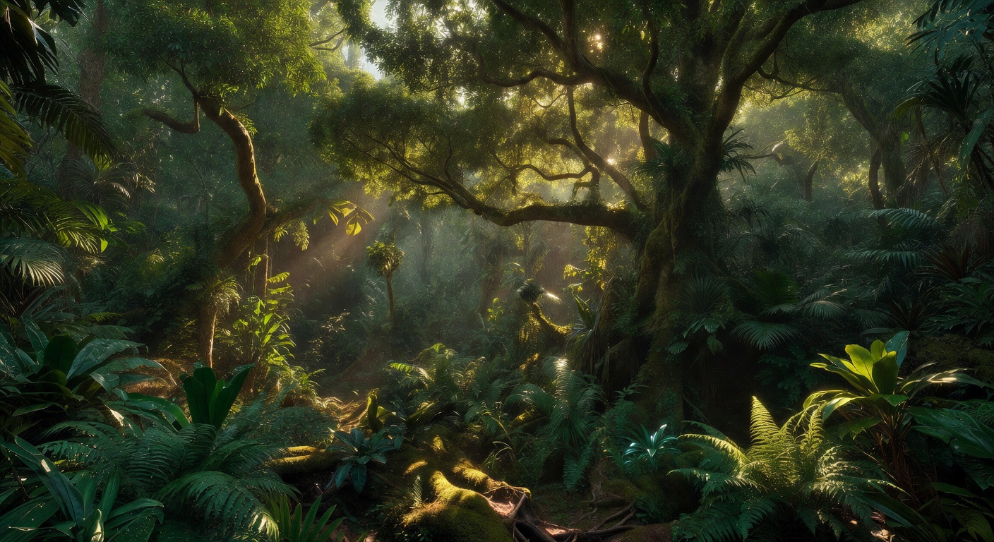 Lush green forest canopy with sunlight filtering through ancient trees representing the immersive jungle gaming world of Pixoswiftrc