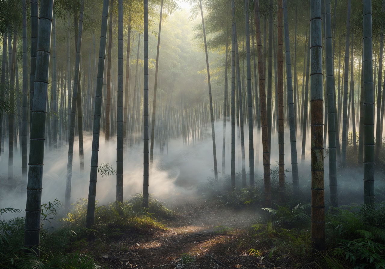 Misty bamboo forest with gentle morning light representing the Bamboo Highlands game world in Pixoswiftrc