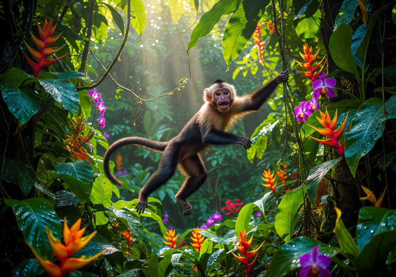 Monkey swinging through vibrant jungle foliage representing the adventurous and playful spirit of Pixoswiftrc nature gaming