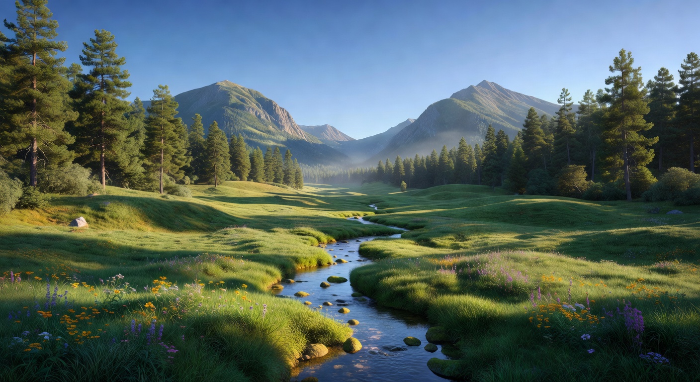 Peaceful mountain valley with green meadows and clear sky representing balance health and the responsible gaming philosophy of Pixoswiftrc