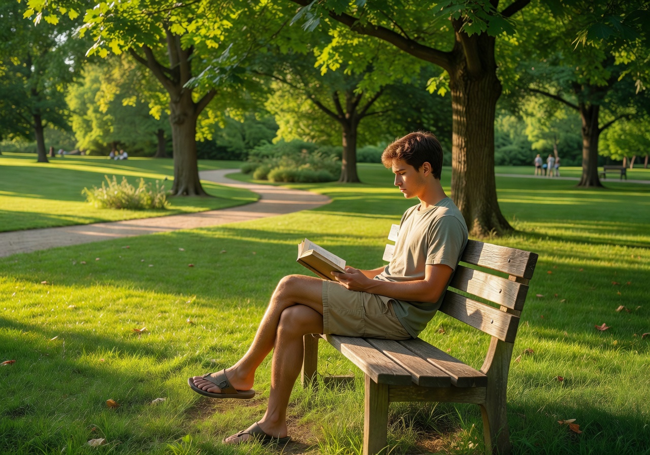 Person sitting peacefully in a sunny green park reading a book representing the balanced lifestyle approach to gaming promoted by Pixoswiftrc