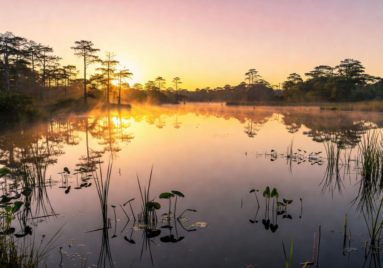 Serene wetland at golden sunrise with silhouetted trees reflecting in still water representing the Wetland Dawn game world in Pixoswiftrc