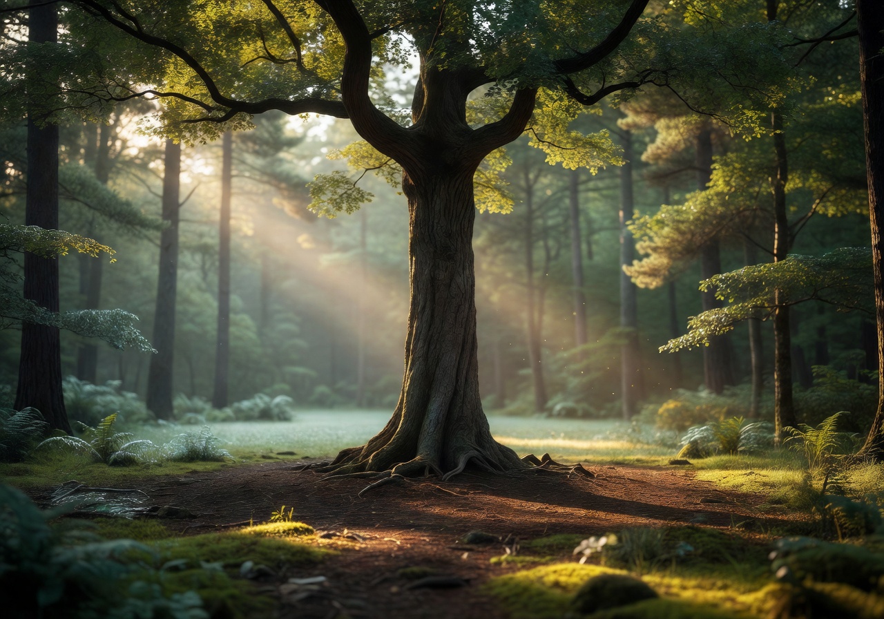 Single tall tree standing in golden morning light in a peaceful forest clearing symbolizing the grounded mission of Pixoswiftrc