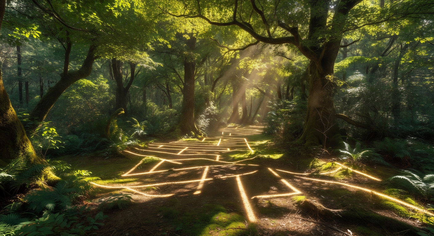 Sunlight filtering through dense green forest canopy creating natural patterns representing the structured and fair game rules of Pixoswiftrc