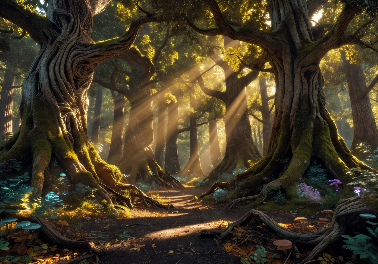 Sunlit ancient forest with massive tree trunks and golden light beams representing the Ancient Grove game world in Pixoswiftrc