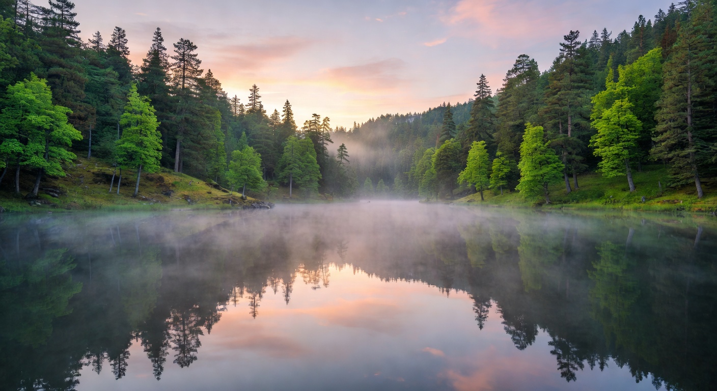 Tranquil misty mountain lake surrounded by lush green forest at dawn representing the peaceful approachable contact section of Pixoswiftrc