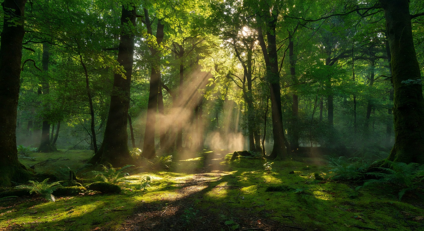 Vibrant green forest with rays of sunlight breaking through the canopy inviting players to enter the Pixoswiftrc gaming world
